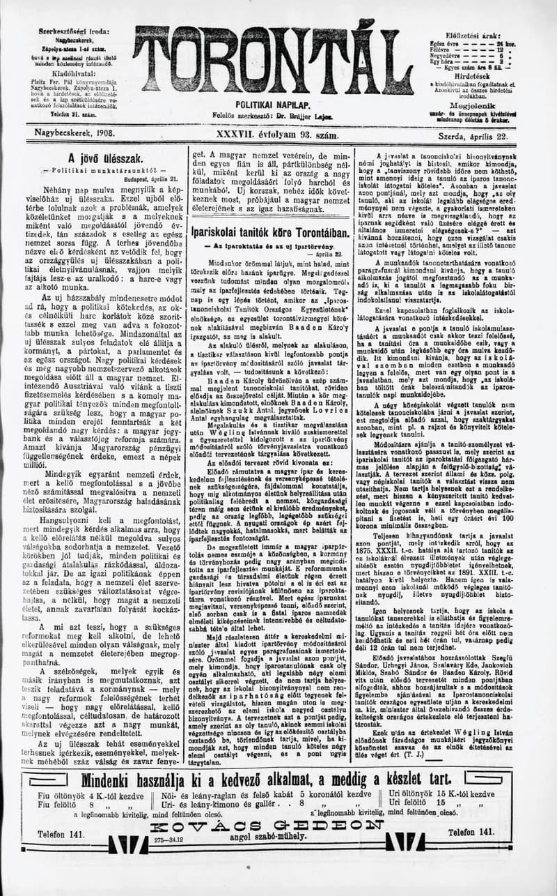 Torontál, 37. évf. 1908. április 22. 93. sz.