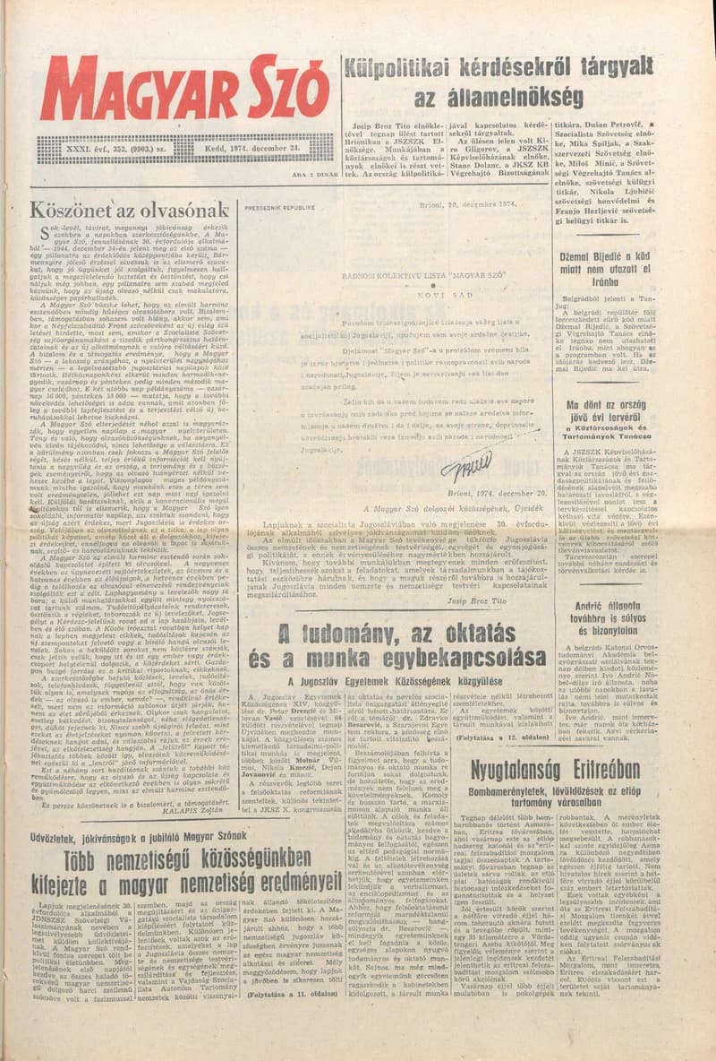 Magyar Szó, 31. évf. 1974. december 24. 352. sz. 1–28. oldal