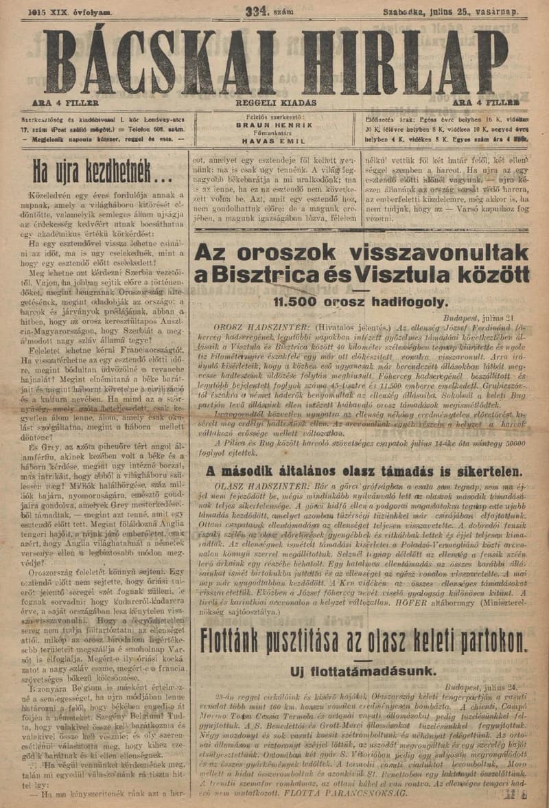 Bácskai Hirlap, 19. évf. 1915. július 25. 334. sz.