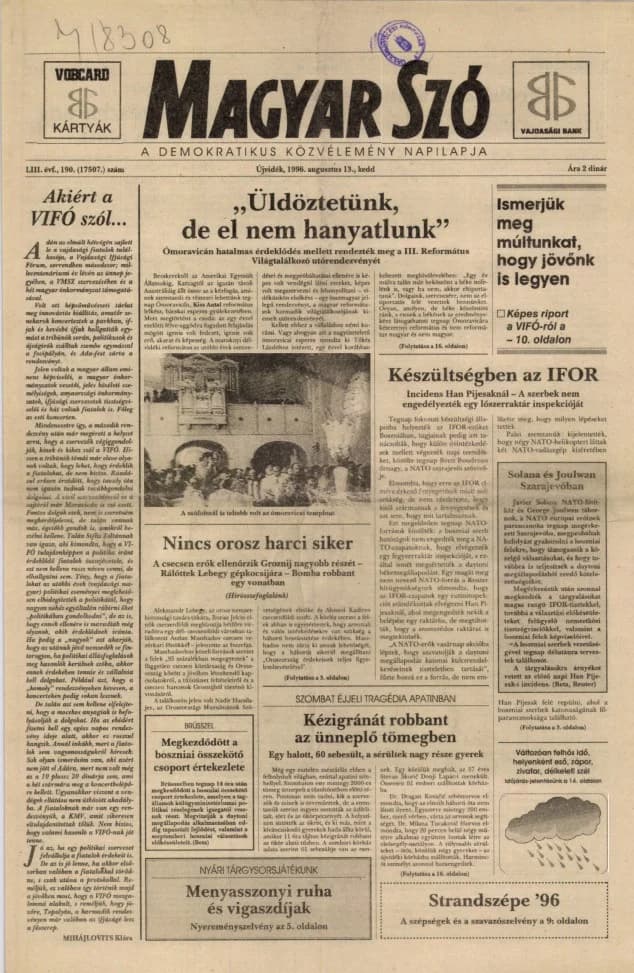 Magyar Szó, 53. évf. 1996. augusztus 13. 190. sz. 1–16. oldal