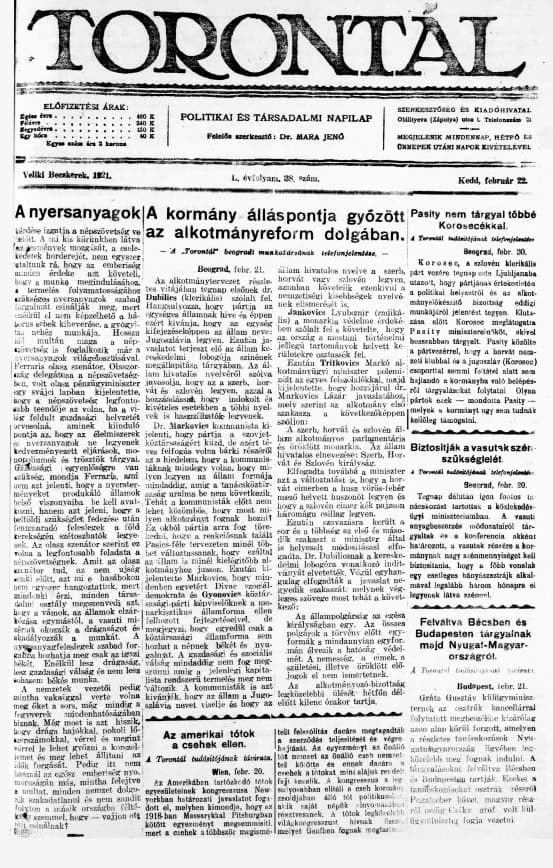 Torontál, 50. évf. 1921. február 22. 38. sz.