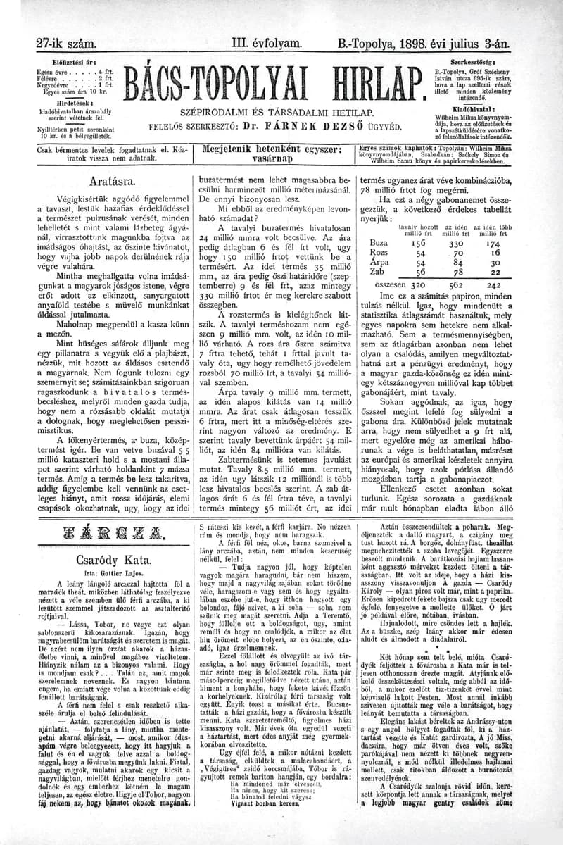 Bács-Topolyai Hirlap, 3. évf. 1898. július 3. 27. sz.