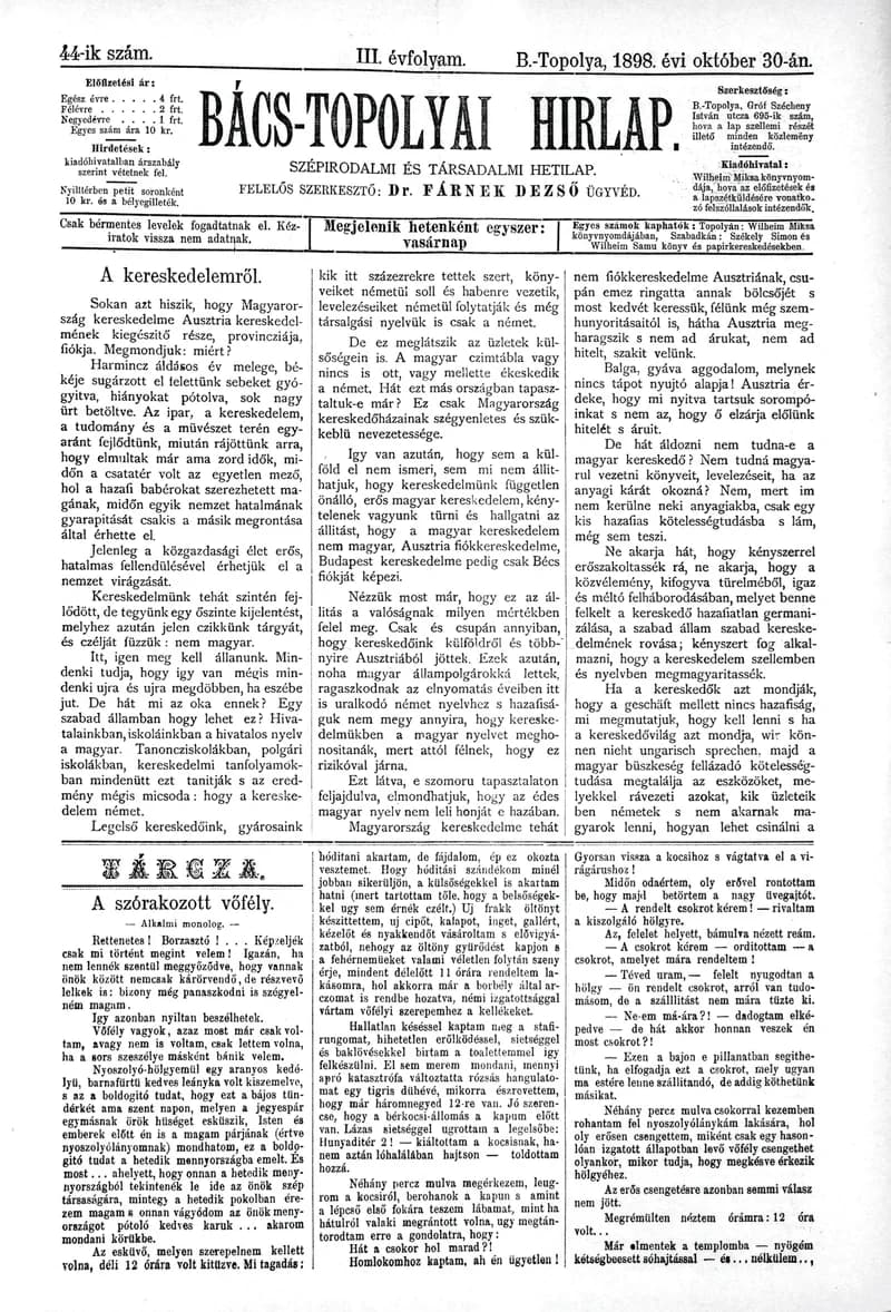 Bács-Topolyai Hirlap, 3. évf. 1898. október 30. 44. sz.
