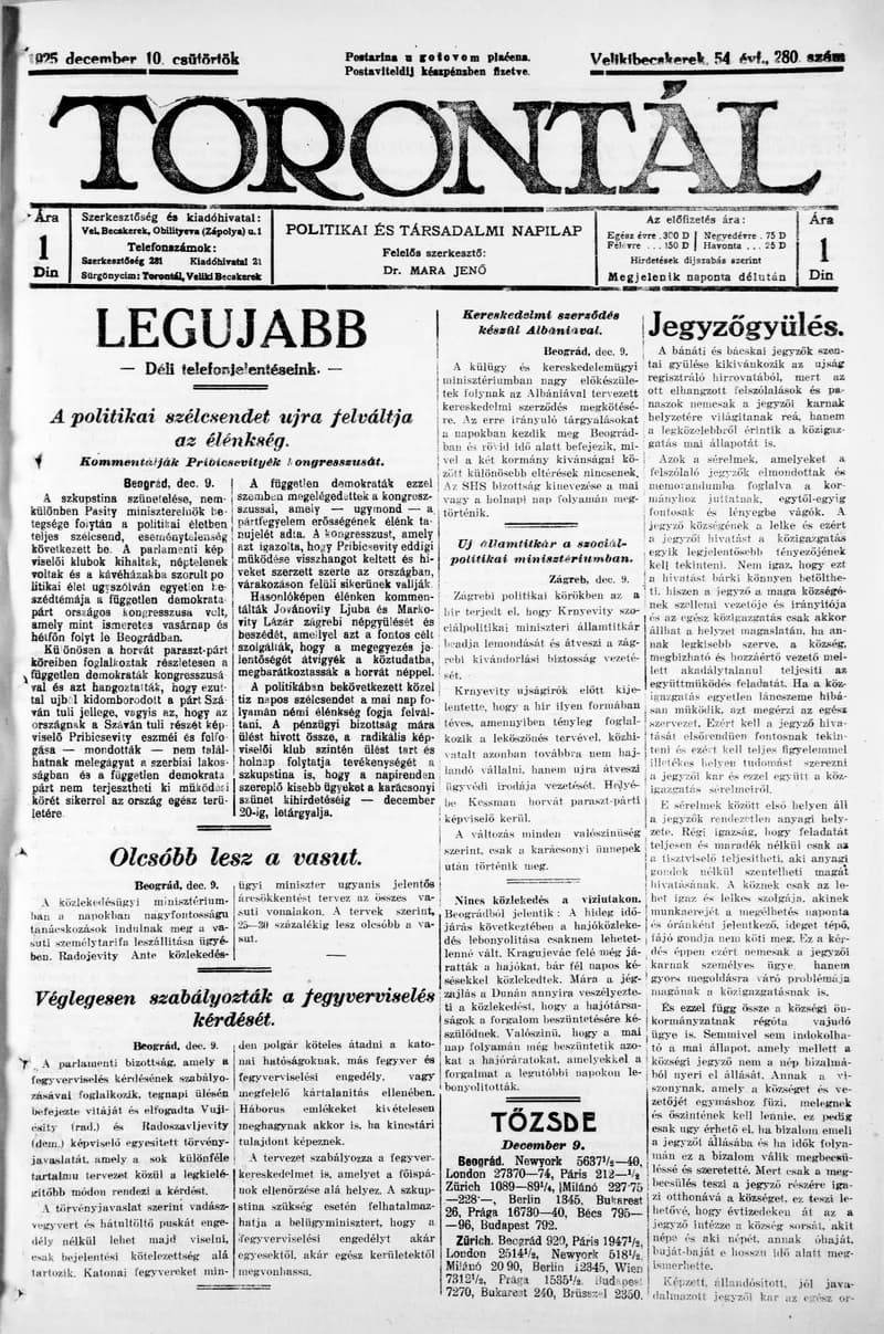 Torontál, 54. évf. 1925. december 10. 280. sz.