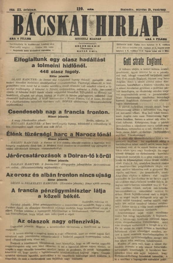 Bácskai Hirlap, 20. évf. 1916. március 19. 129. sz.