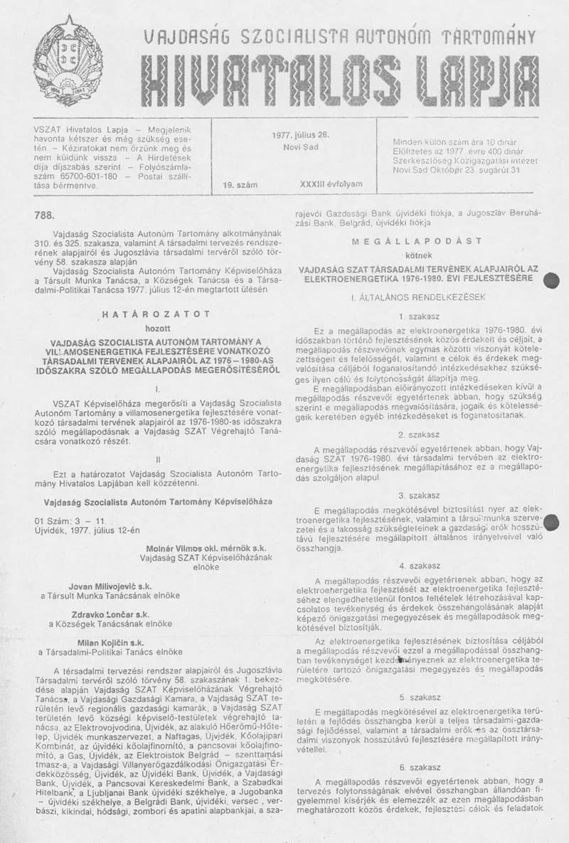 Vajdaság Szocialista Autonóm Tartomány Hivatalos Lapja, 33. évf. 1977. július 26. 19. sz. 957–976. oldal