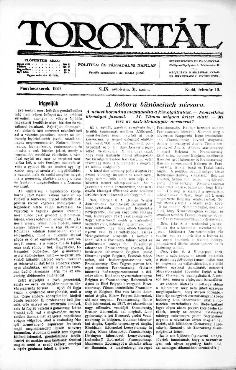 Torontál, 49. évf. 1920. február 10. 31. sz.