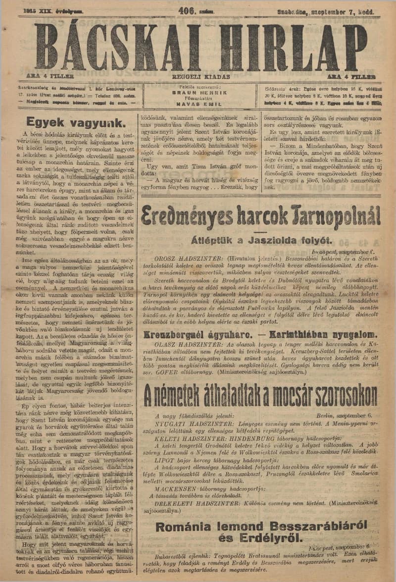 Bácskai Hirlap, 19. évf. 1915. szeptember 7. 406. sz.