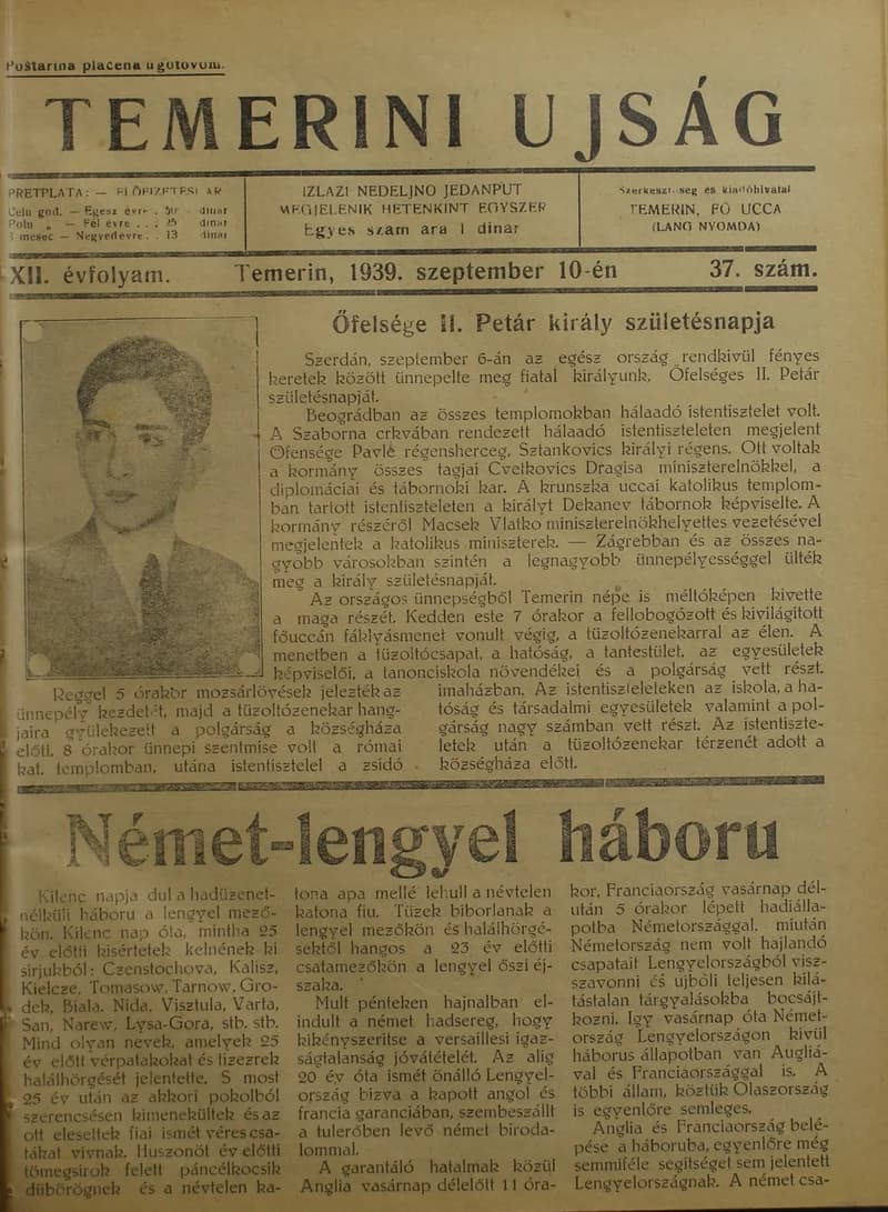 Temerini Újság 1928-1944, 12. évf. 1939. szeptember 10. 37. sz.