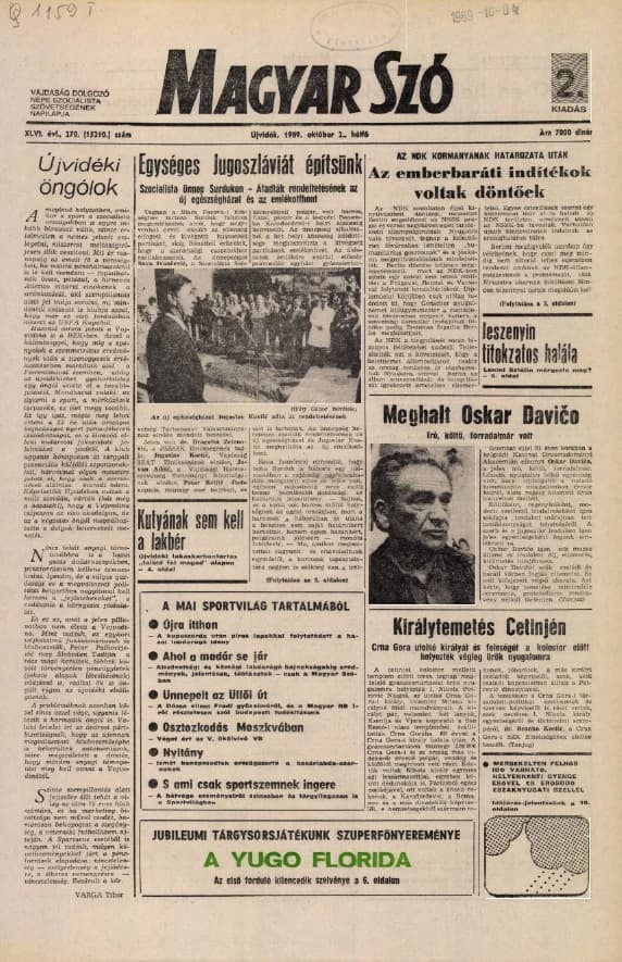 Magyar Szó, 46. évf. 1989. október 2. 270. sz. 1–20. oldal