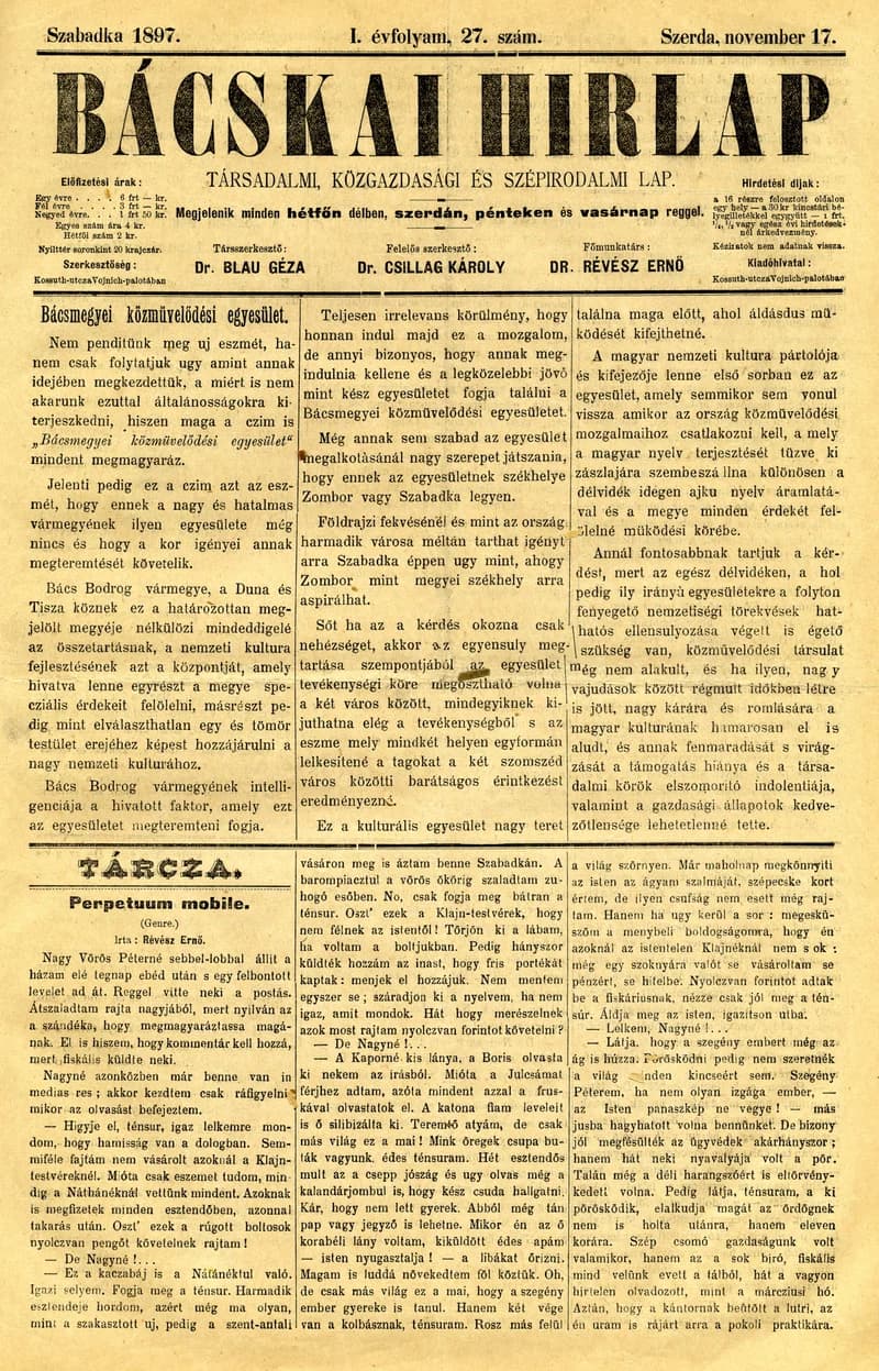 Bácskai Hirlap, 1. évf. 1897. november 17. 27. sz. 1–4. oldal