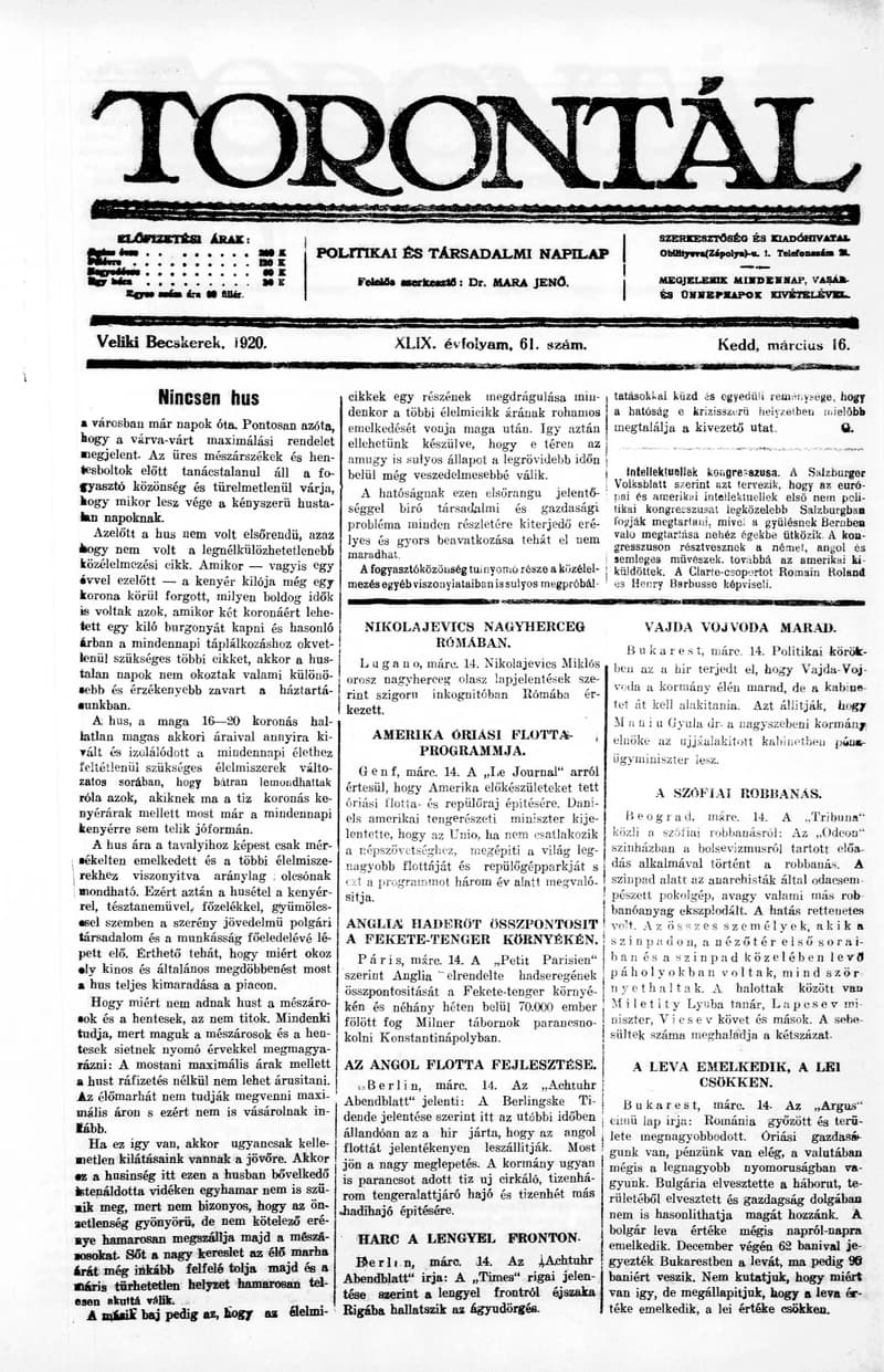 Torontál, 49. évf. 1920. március 16. 61. sz.