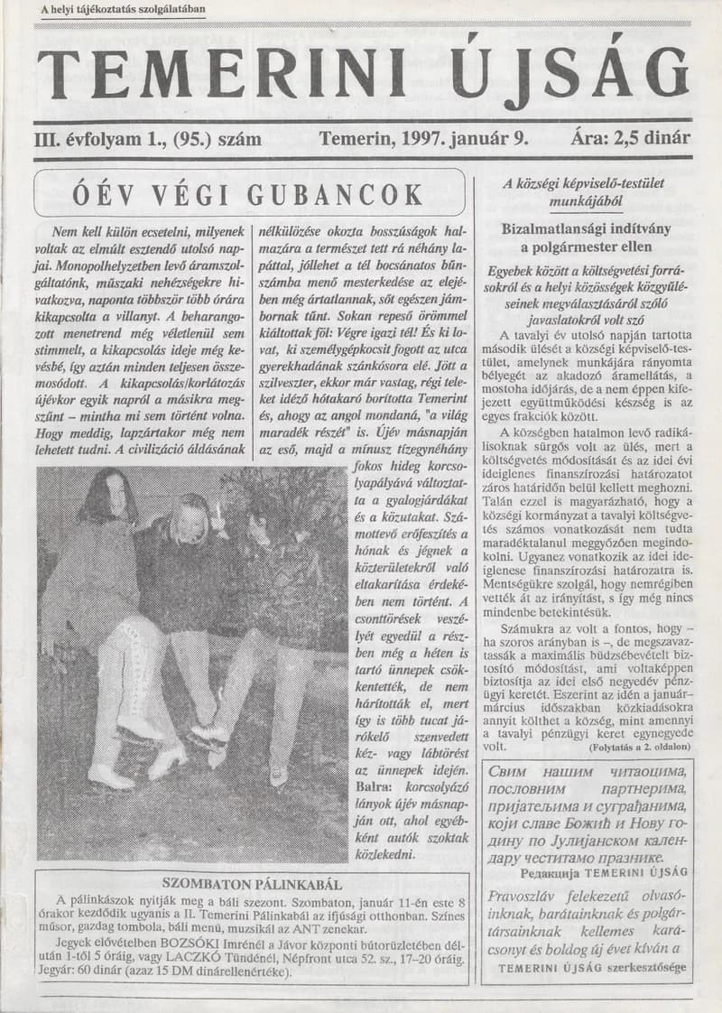 Temerini Újság, 3. évf. 1997. január 9. 1. sz.