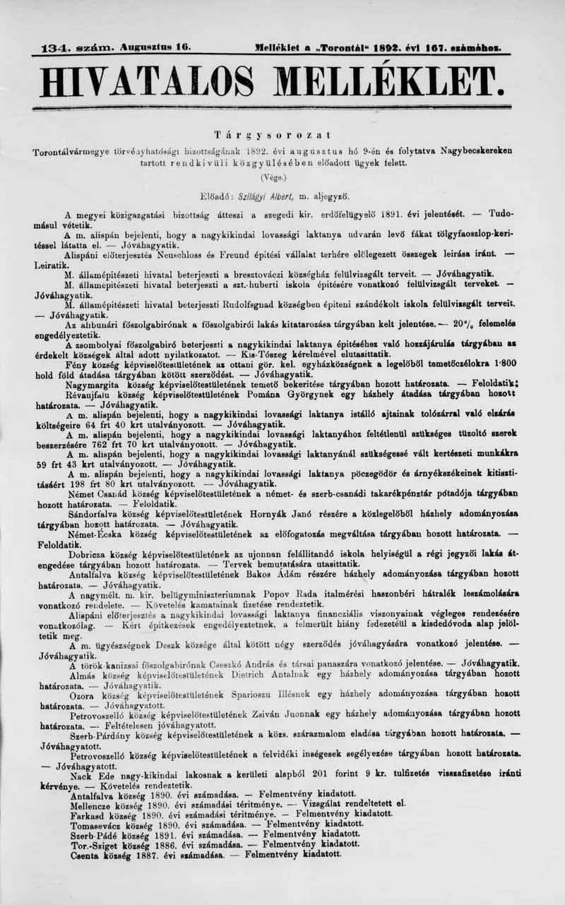 A Totontál  hivatalos melléklete, 5. évf. 1892. augusztus 16. 134. sz.