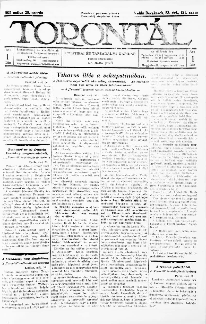 Torontál, 53. évf. 1924. május 28. 121. sz.