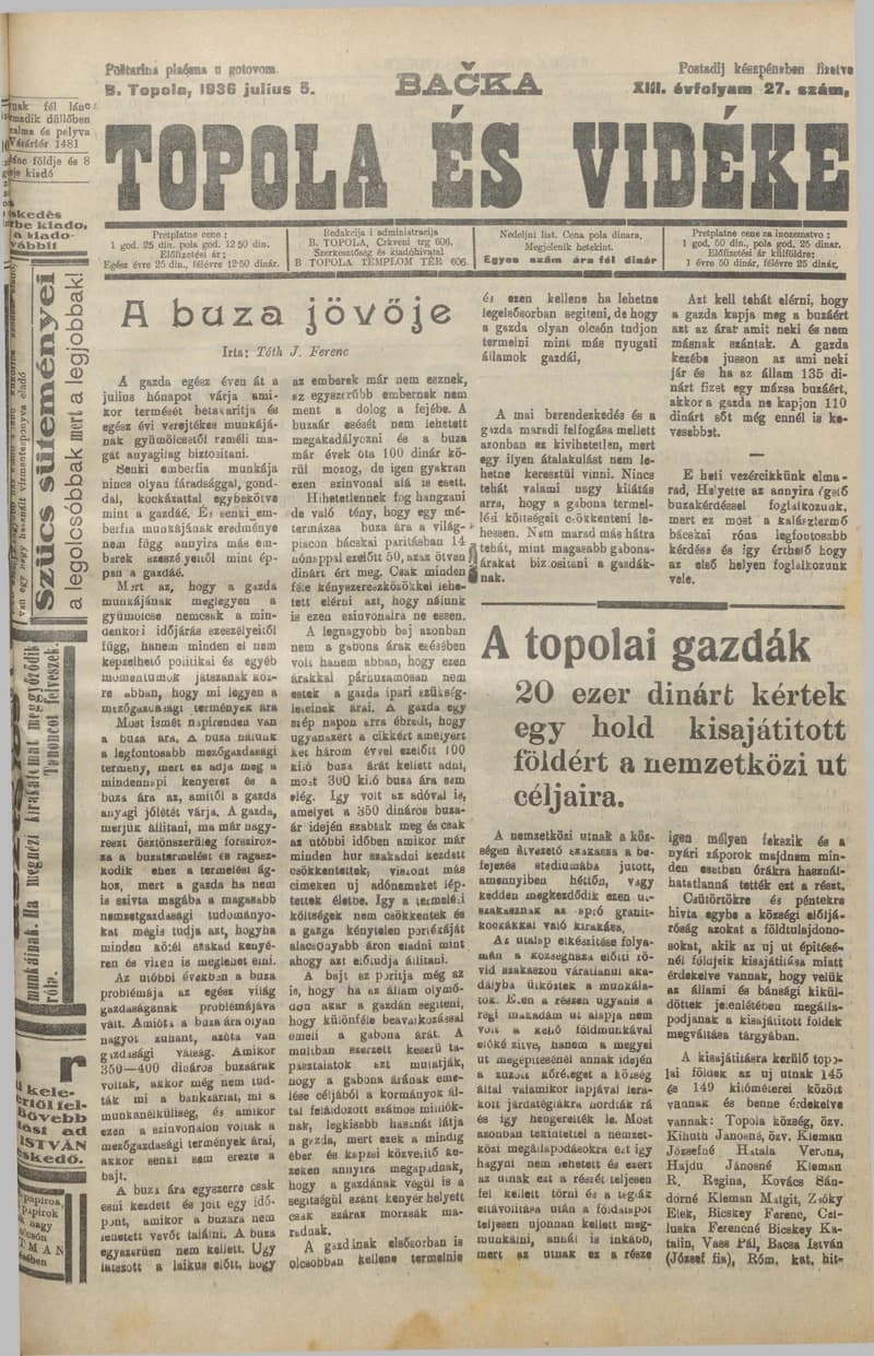 Bačka Topola és Vidéke, 13. évf. 1936. július 5. 27. sz.