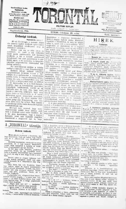 Torontál, 33. évf. 1904. március 1. 49. sz.