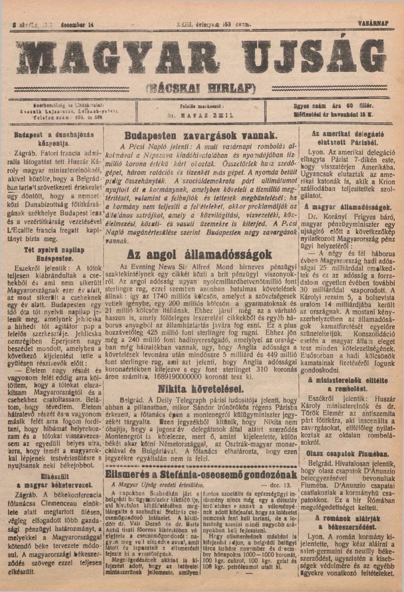 Bácskai Hirlap, 23. évf. 1919. december 14. 153. sz.