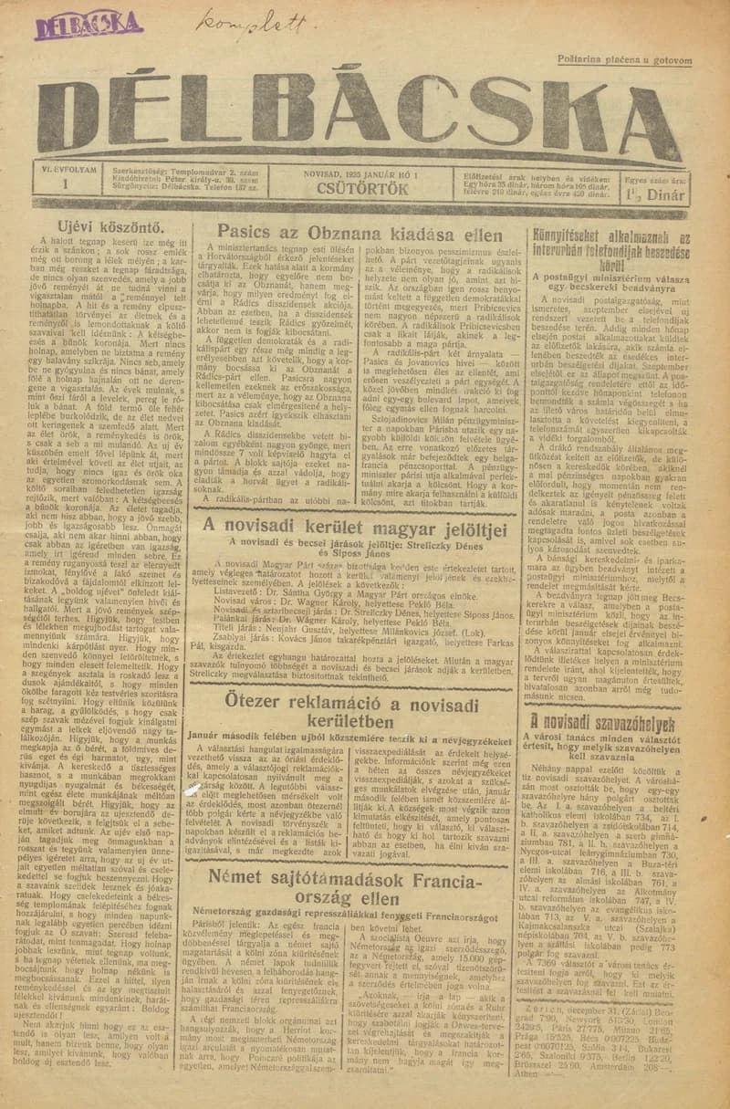 Délbácska, 6. évf. 1925. január 1. 1. sz.
