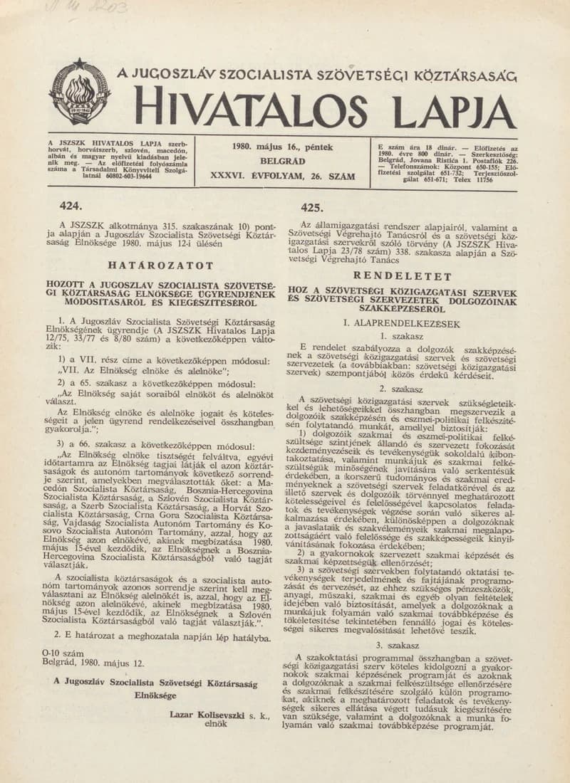 A Jugoszláv Szocialista Szövetségi Köztársaság Hivatalos Lapja, 36. évf. 1980. május 16. 26. sz. 901–948. oldal