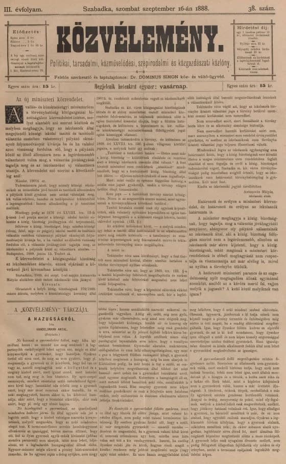 Közvélemény, 3. évf. 1888. szeptember 16. 38. sz.