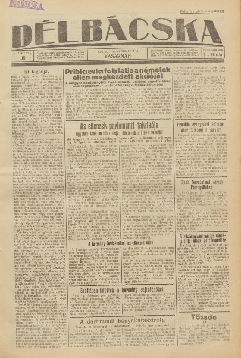 Délbácska, 6. évf. 1925. február 15. 39. sz.