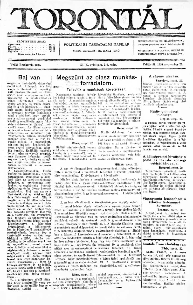 Torontál, 49. évf. 1920. szeptember 23. 210. sz.