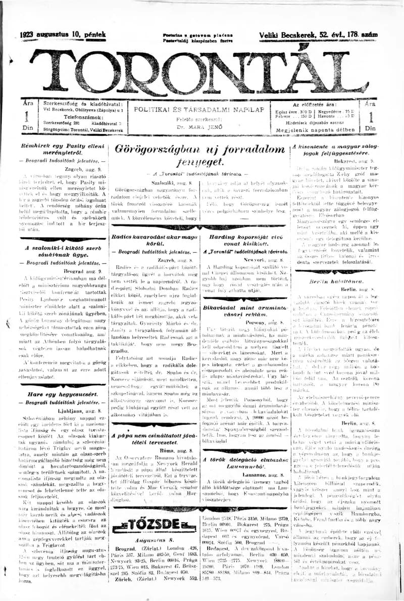 Torontál, 52. évf. 1923. augusztus 10. 178. sz.