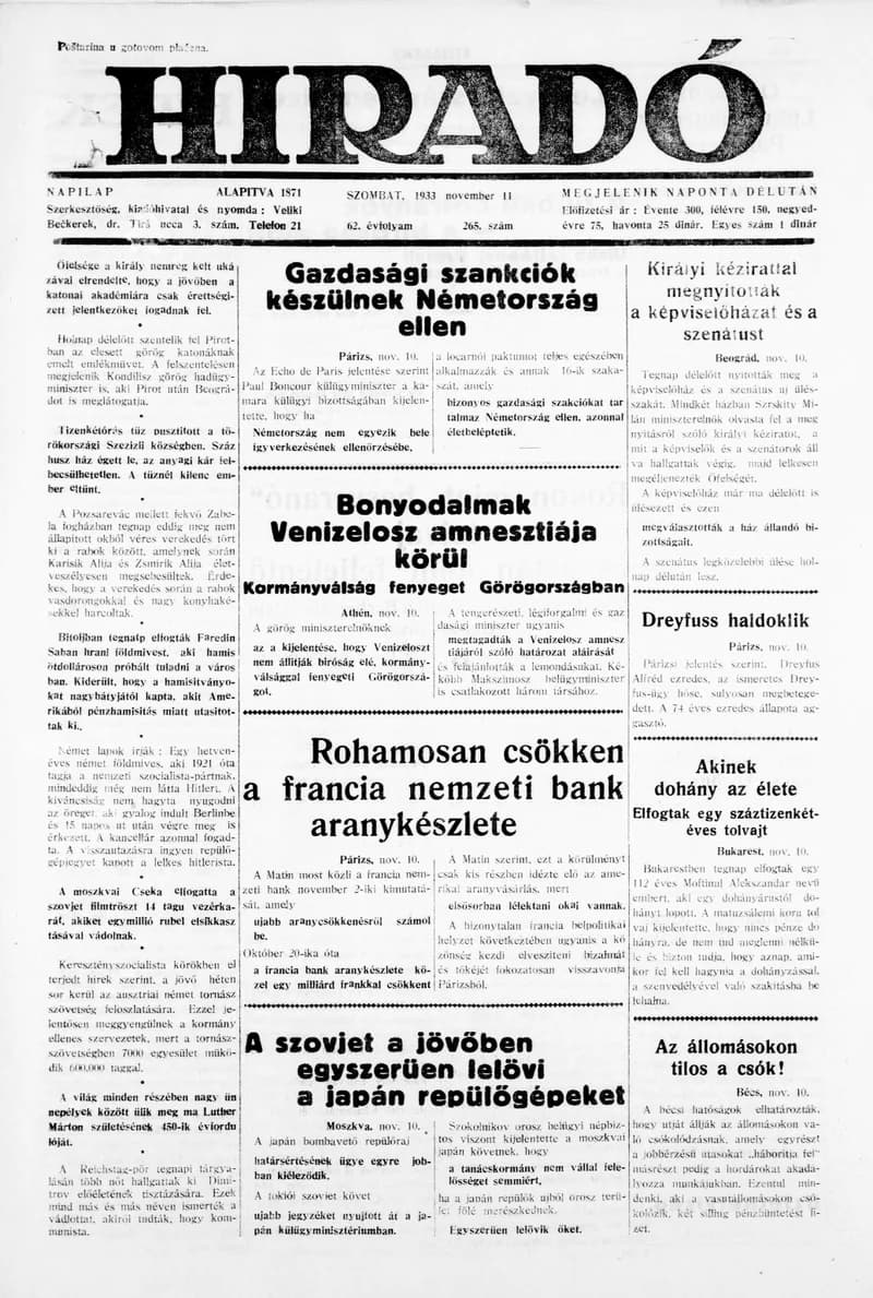 Híradó, 62. évf. 1933. november 11. 265. sz.