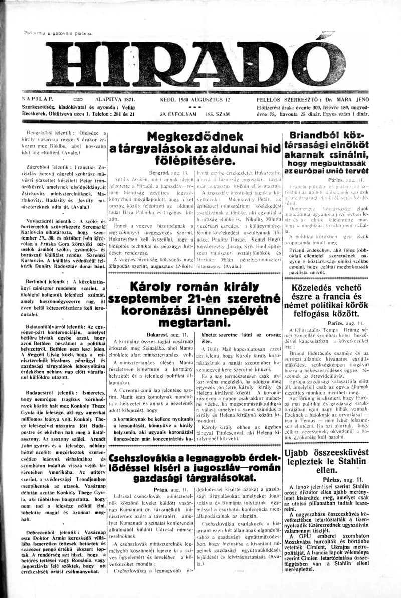 Híradó, 59. évf. 1930. augusztus 12. 185. sz.