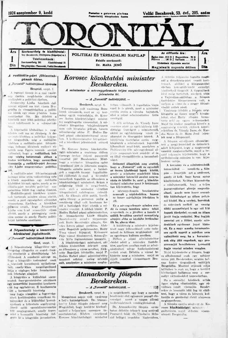 Torontál, 53. évf. 1924. szeptember 9. 205. sz.