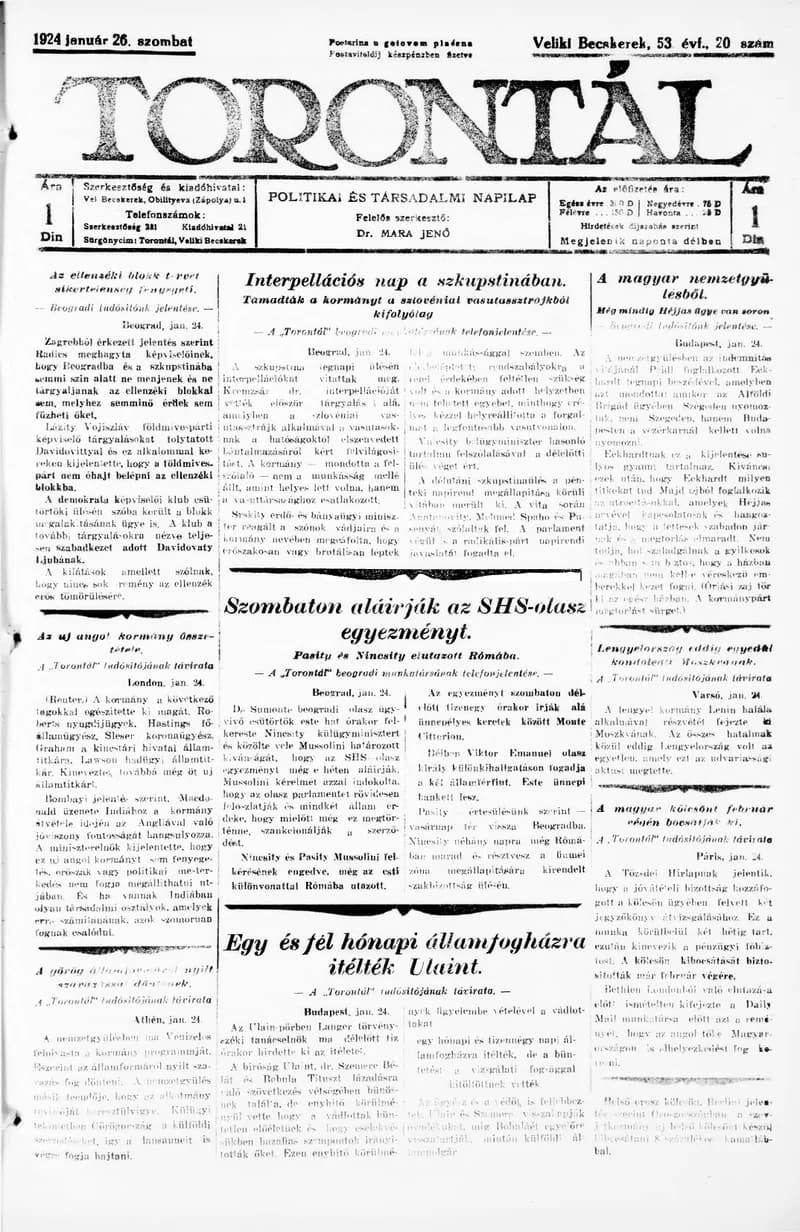 Torontál, 53. évf. 1924. január 26. 20. sz.