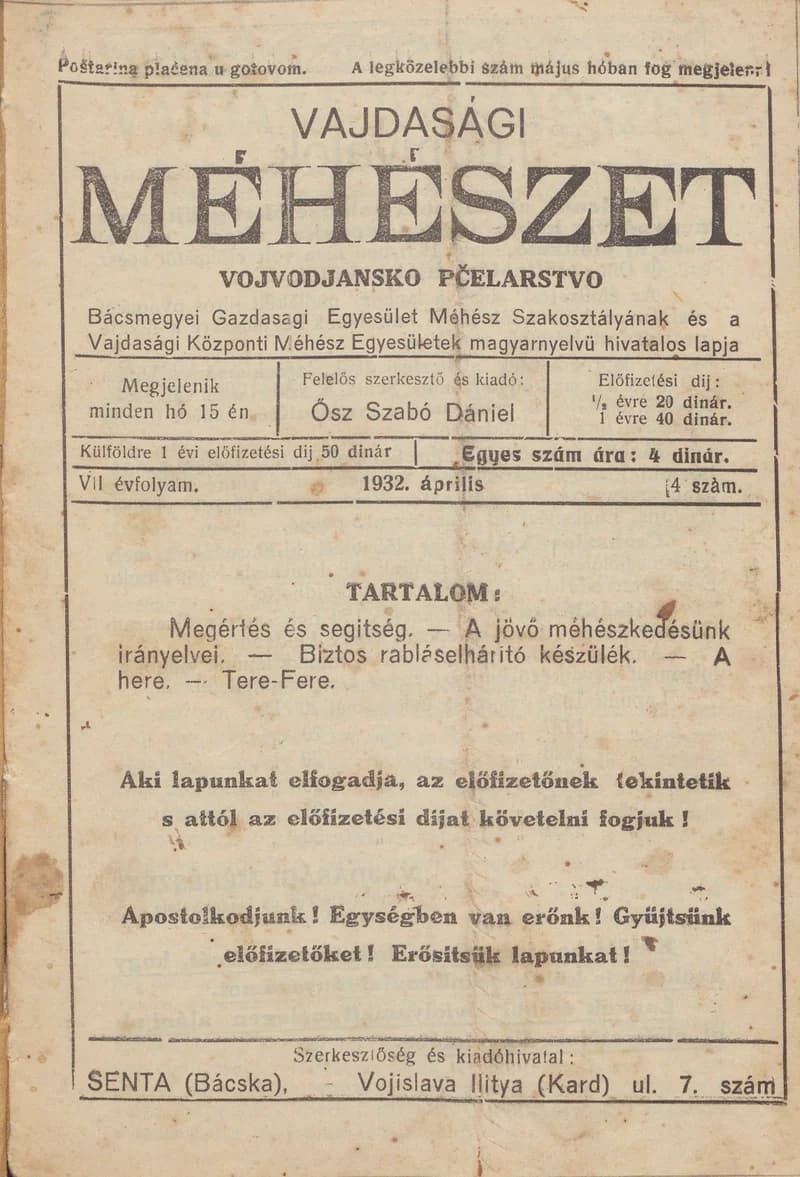 Vajdasági méhészet, 7. évf. 1932. április 1. 4. sz.