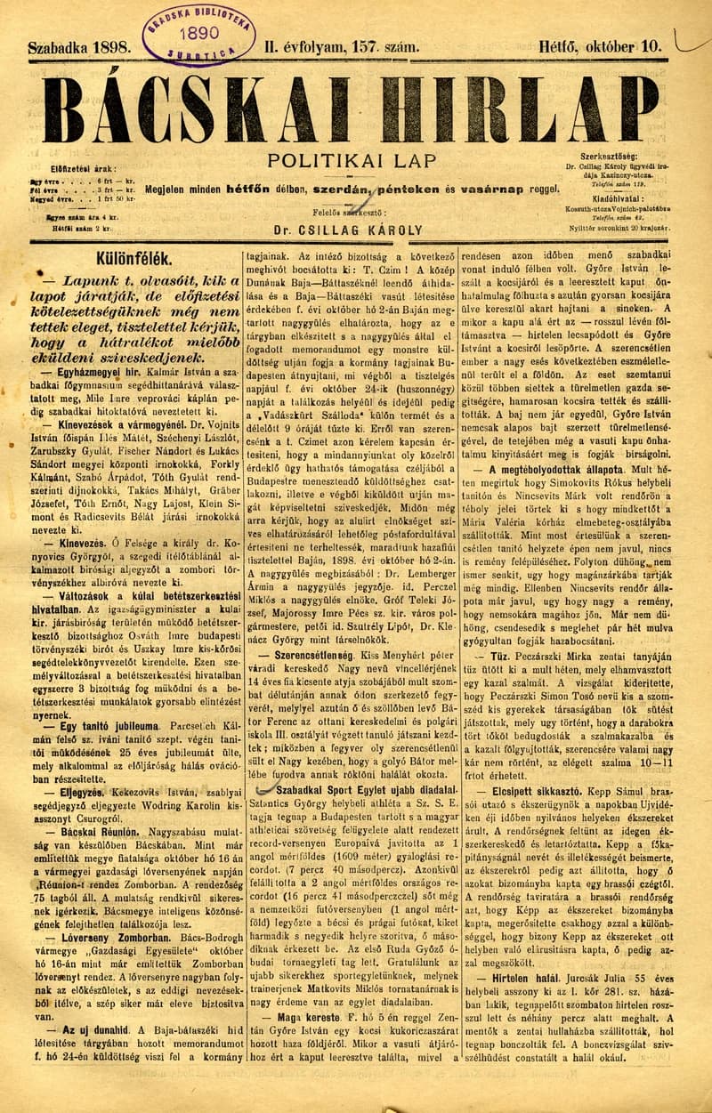 Bácskai Hirlap, 2. évf. 1898. október 10. 157. sz. 1–2. oldal