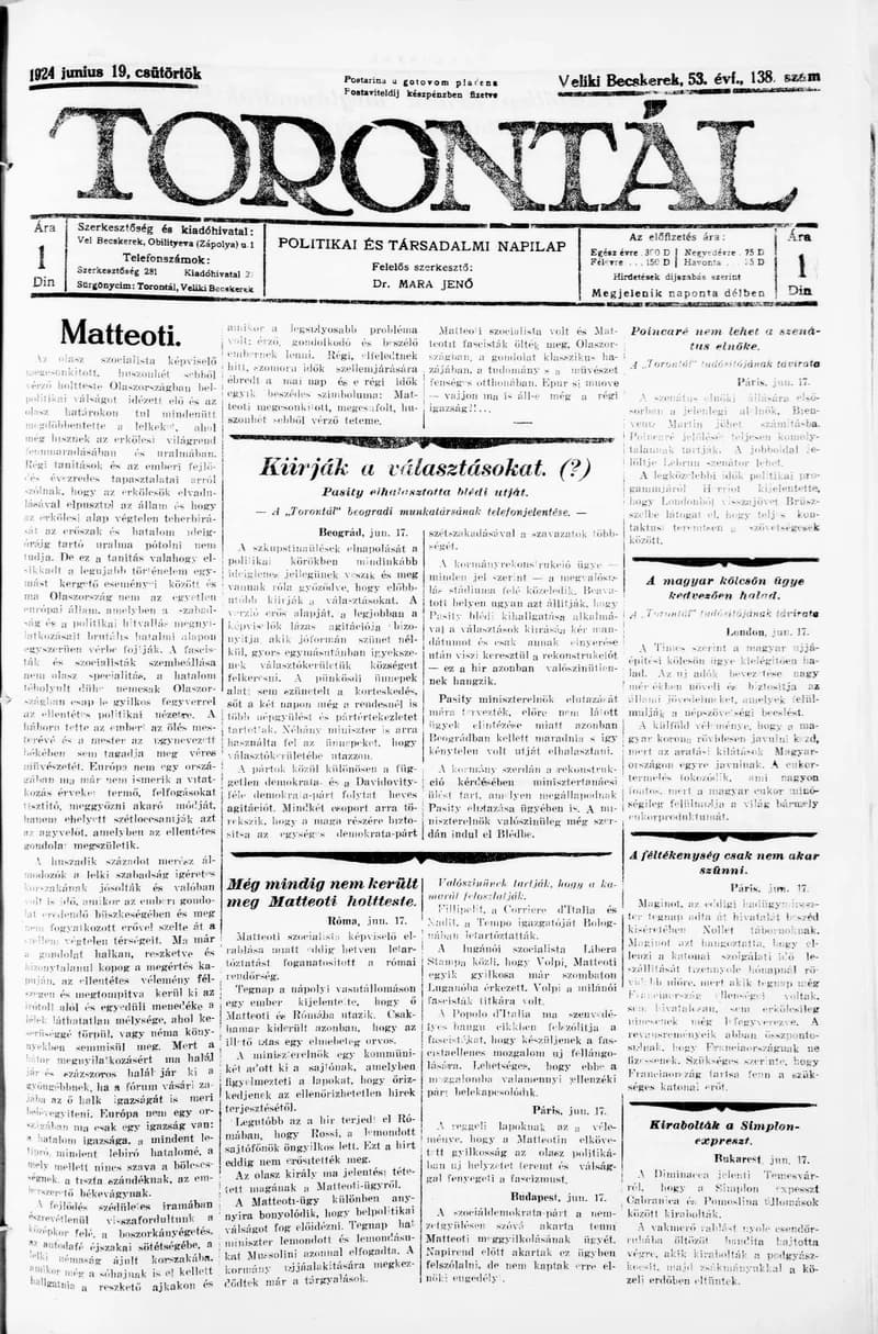 Torontál, 53. évf. 1924. június 19. 138. sz.