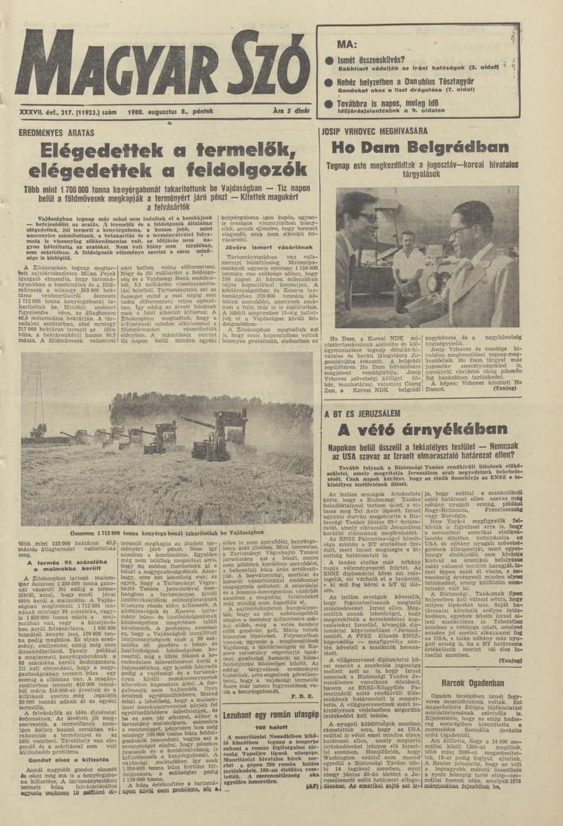Magyar Szó, 37. évf. 1980. augusztus 8. 217. sz. 1–20. oldal