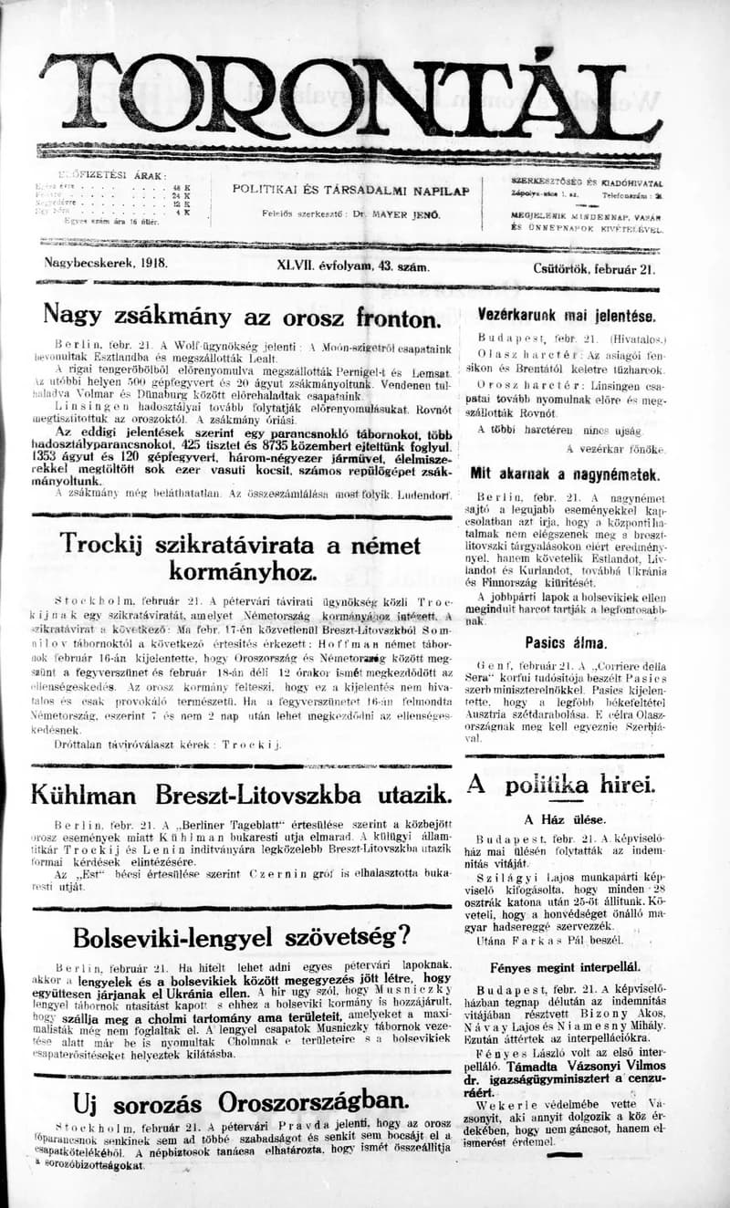 Torontál, 47. évf. 1918. február 21. 43. sz.