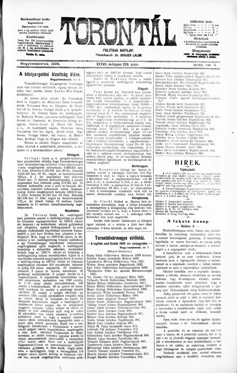Torontál, 37. évf. 1908. október 6. 228. sz.
