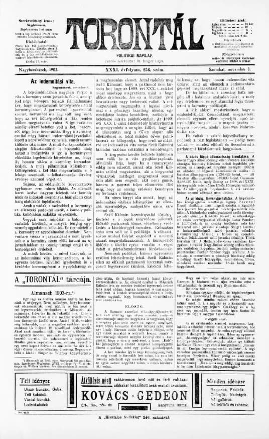 Torontál, 31. évf. 1902. november 8. 256. sz.