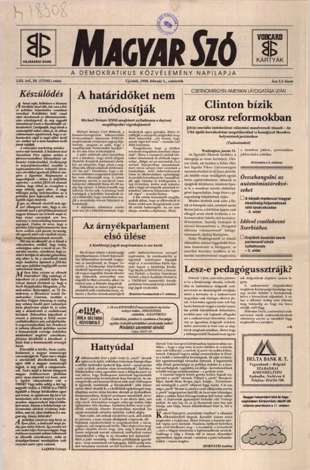 Magyar Szó, 53. évf. 1996. február 1. 26. sz. 1–16. oldal