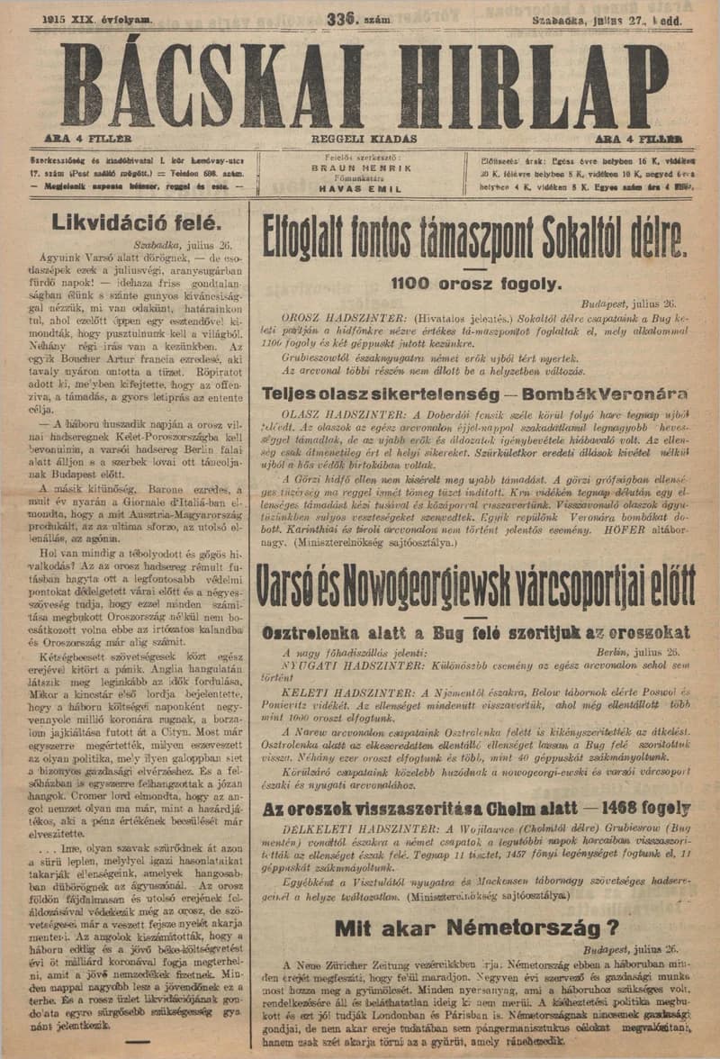Bácskai Hirlap, 19. évf. 1915. július 27. 336. sz.