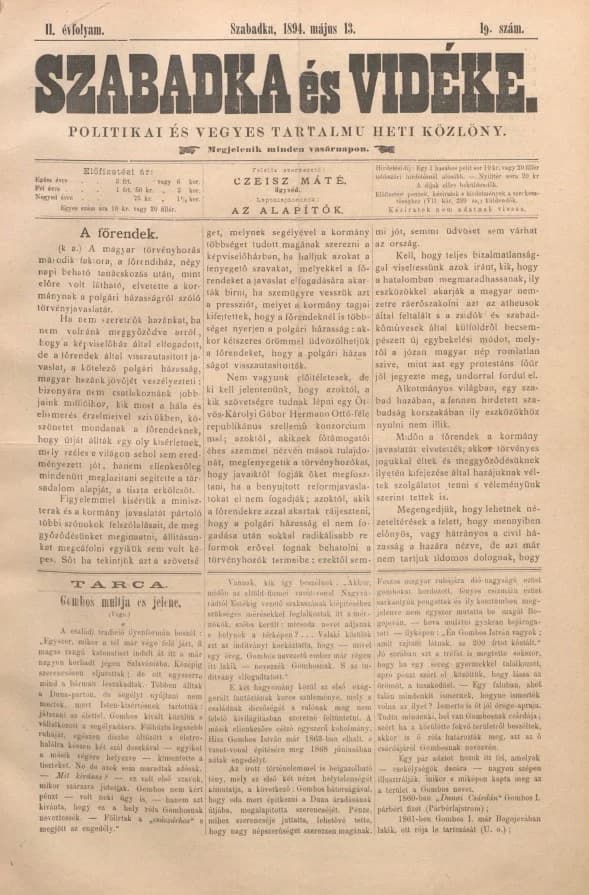 Szabadka és vidéke II, 2. évf. 1894. május 13. 19. sz.