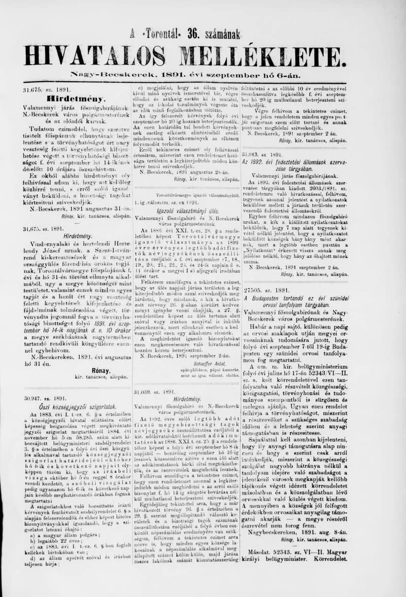 A Totontál  hivatalos melléklete, 4. évf. 1891. szeptember 6. 36. sz.