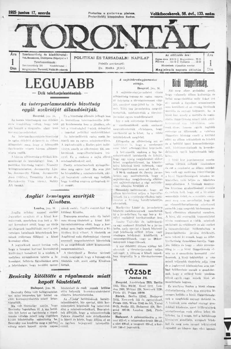 Torontál, 54. évf. 1925. június 17. 133. sz.