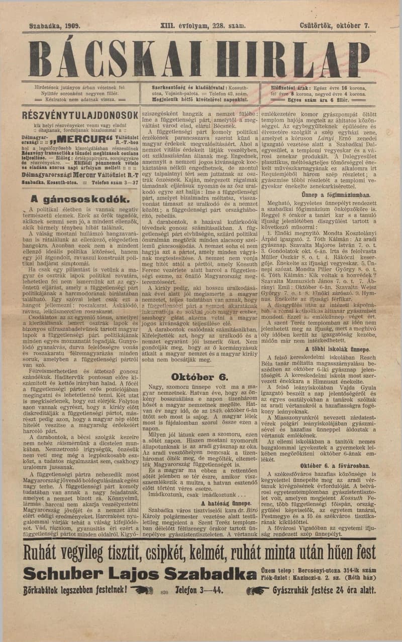 Bácskai Hirlap, 13. évf. 1909. október 7. 228. sz.