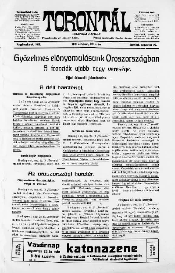 Torontál, 43. évf. 1914. augusztus 22. 189. sz.