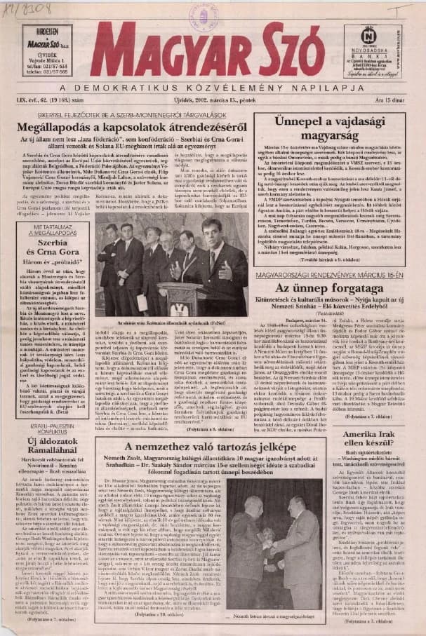 Magyar Szó, 59. évf. 2002. március 15. 62. sz. 1–20. oldal