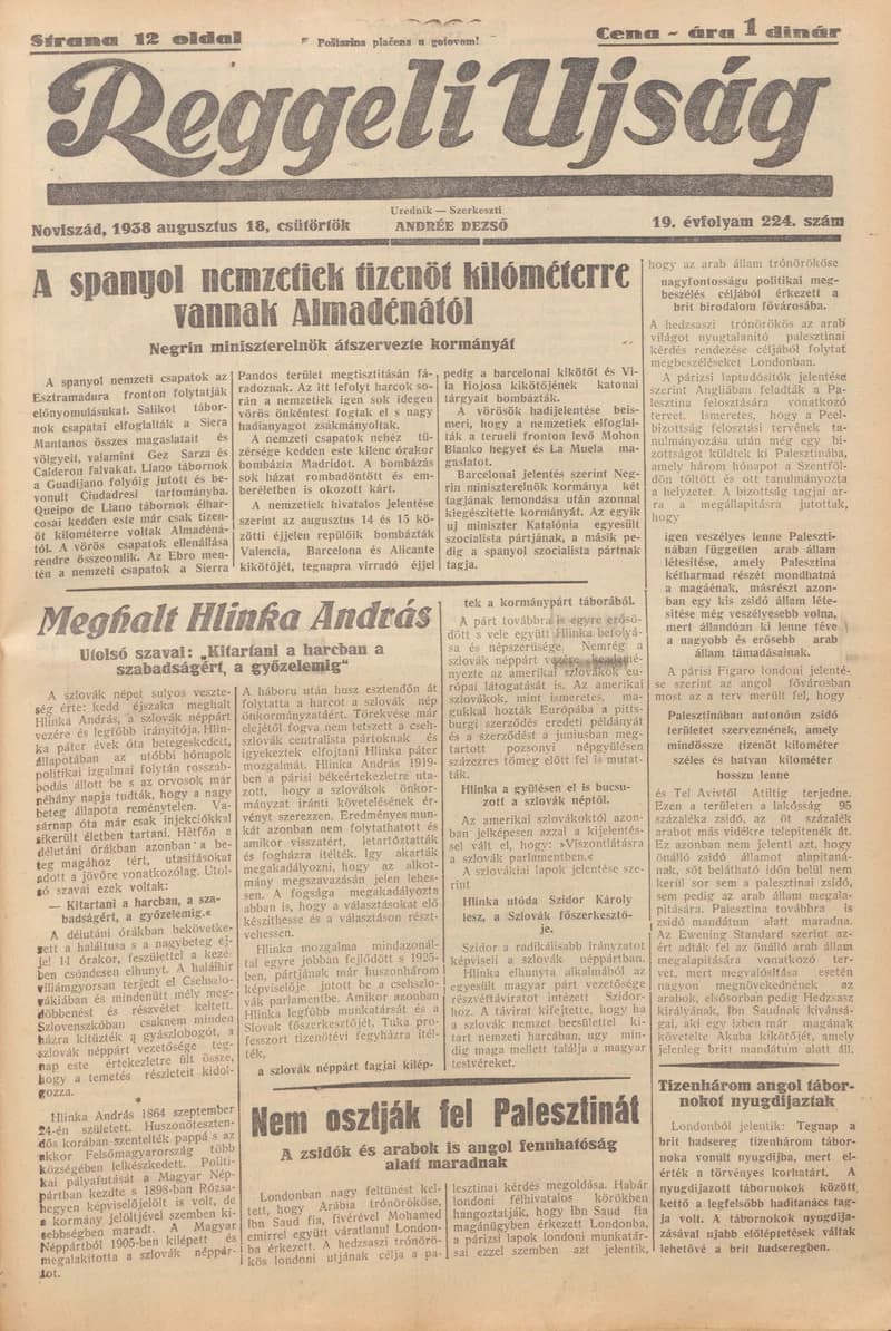 Reggeli Újság, 19. évf. 1938. augusztus 18. 224. sz.