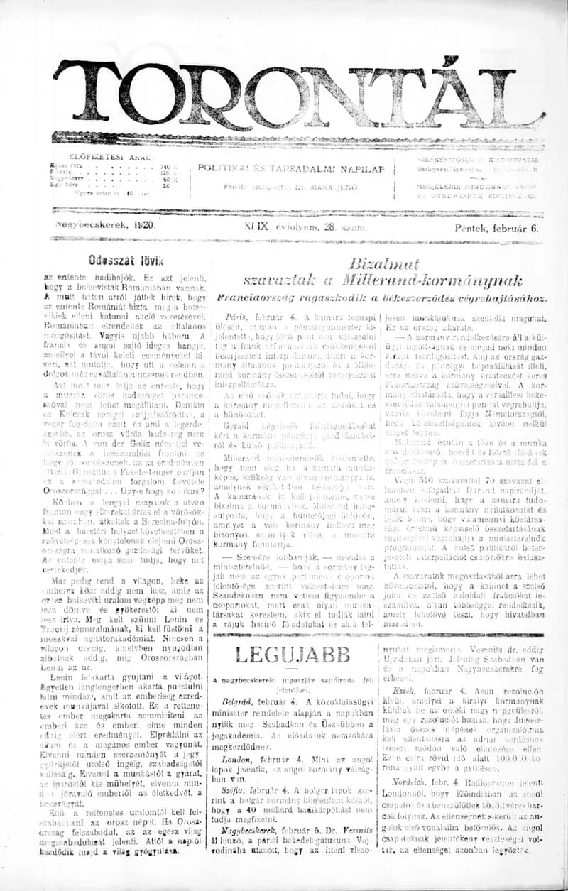 Torontál, 49. évf. 1920. február 6. 28. sz.