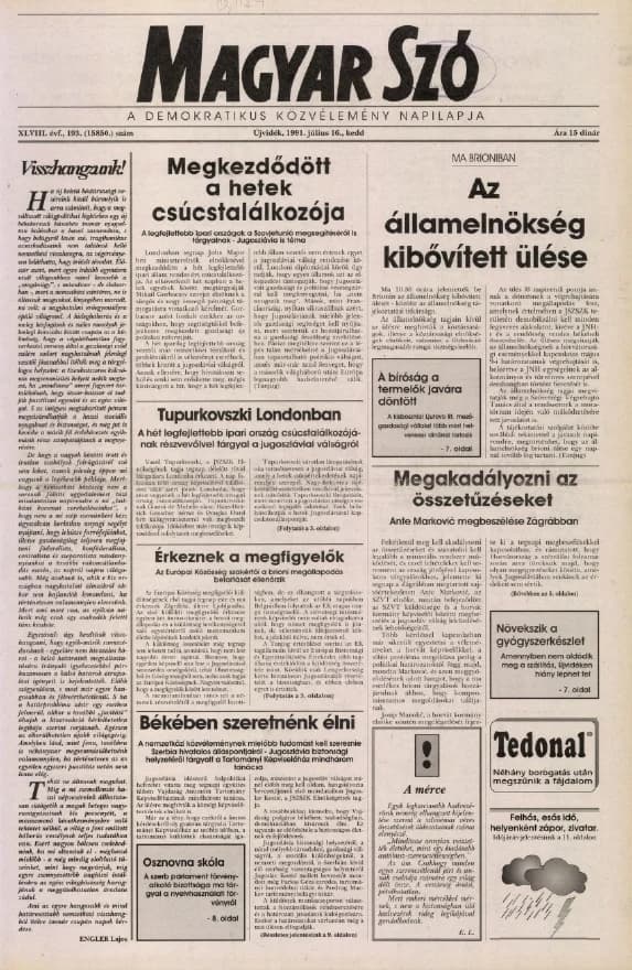 Magyar Szó, 48. évf. 1991. július 16. 193. sz. 1–20. oldal